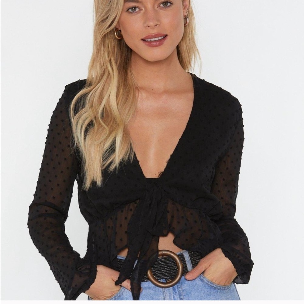 Cropped black sheet Swiss dot tie blouse